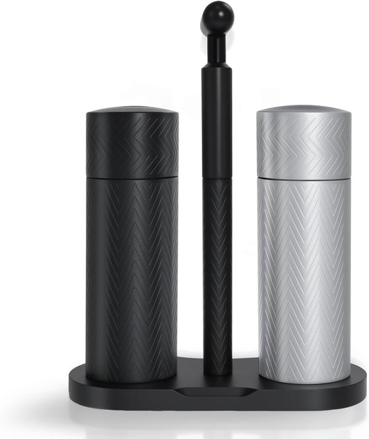 Salt and Pepper Grinder Set 2-Pack with Stand, Adjustable Coarseness Mill - Aerospace Aluminum Body, Stainless Steel & Ceramic Core, Refillable Spice Grinders for Kitchen & BBQ